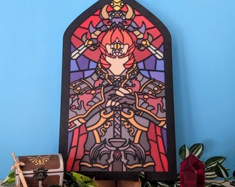 Zelda wall decoration: Ganondorf's grand stained glass window! The perfect gift for a geek game room, handcrafted from wood.