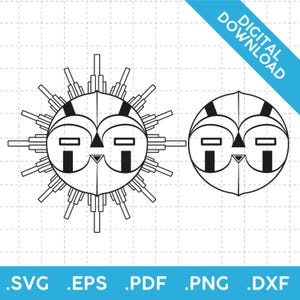 May include: Black and white digital download featuring two stylized sun face designs. One design is a sun face with radiating lines, and the other is a circular sun face. The image includes file type icons: .SVG, .EPS, .PDF, .PNG, and .DXF.