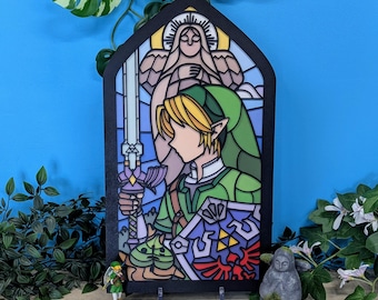Zelda Wall Decoration: Link's Grand Stained Glass Window! The perfect gift for a geek game room, handcrafted in wood.