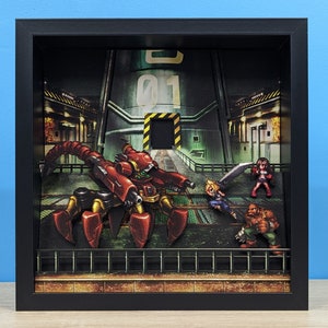 May include: A diorama featuring a red and black robotic scorpion, a blue-clad character, a red-haired character with a sword, and a brown character with a beard. The diorama is set against a backdrop of a futuristic cityscape with a large building labelled "01".