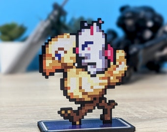 Chocobo & Mog pixel art wooden figurine. The perfect geeky gift for a game room. A gift for him, a Final Fantasy VII fan.