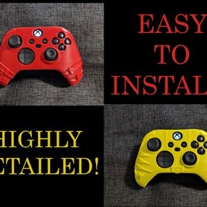May include: Image shows two Xbox controllers, one red and one yellow, with textured designs. The text "EASY TO INSTALL!" and "HIGHLY DETAILED!" is displayed. The controllers have black buttons and directional pads.