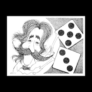 May include: Black and white illustration of a man with a large mustache and long hair, holding bones. Two dice with black dots are in the background. The man is wearing a shirt with the word "RUSH" on it.