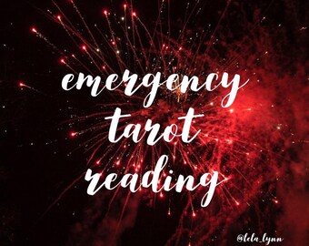 May include: A red and black fireworks display with the text "emergency tarot reading" in white. The text is superimposed over the fireworks. The social media handles @lela_lynn and @lynnspiritualityandtarot are also included in the image.