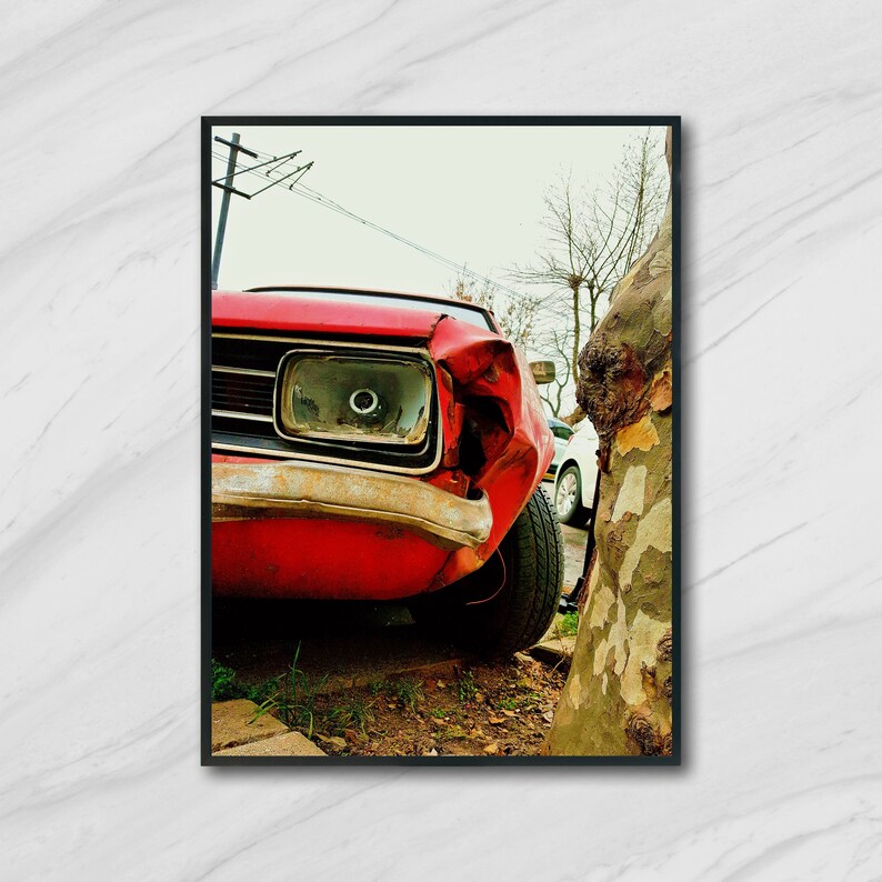 Car wall art,Street art print,instant download,street photography,red car print,fine art print,street wall decor,home wall art,colorful image 2