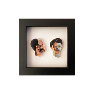 Mixed media collage art with frame - Brothers1 2021 - Original 3D collage art - Unique face object art - One of a kind work