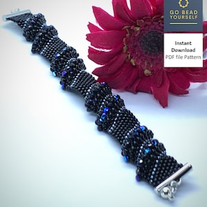 May include: Black beaded bracelet with blue iridescent beads, featuring a silver clasp. Instant Download PDF file Pattern. Go Bead Yourself.