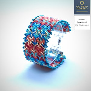 May include: A beaded bracelet featuring a colourful geometric pattern in shades of blue, orange, and gold. The bracelet is made with small seed beads and has a clear clasp.