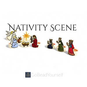 Może przedstawiać: Scena narodzenia z gwiazdą, żłóbkiem, małym Jezusem, Marią, Józefem, aniołem, krową i trzema królami. Figurki są wykonane z koralików i ułożone w kółko na białym tle. Tekst "Nativity Scene" znajduje się w górnej części obrazu. Tekst "GoBeadYourself" znajduje się w dolnej części obrazu.