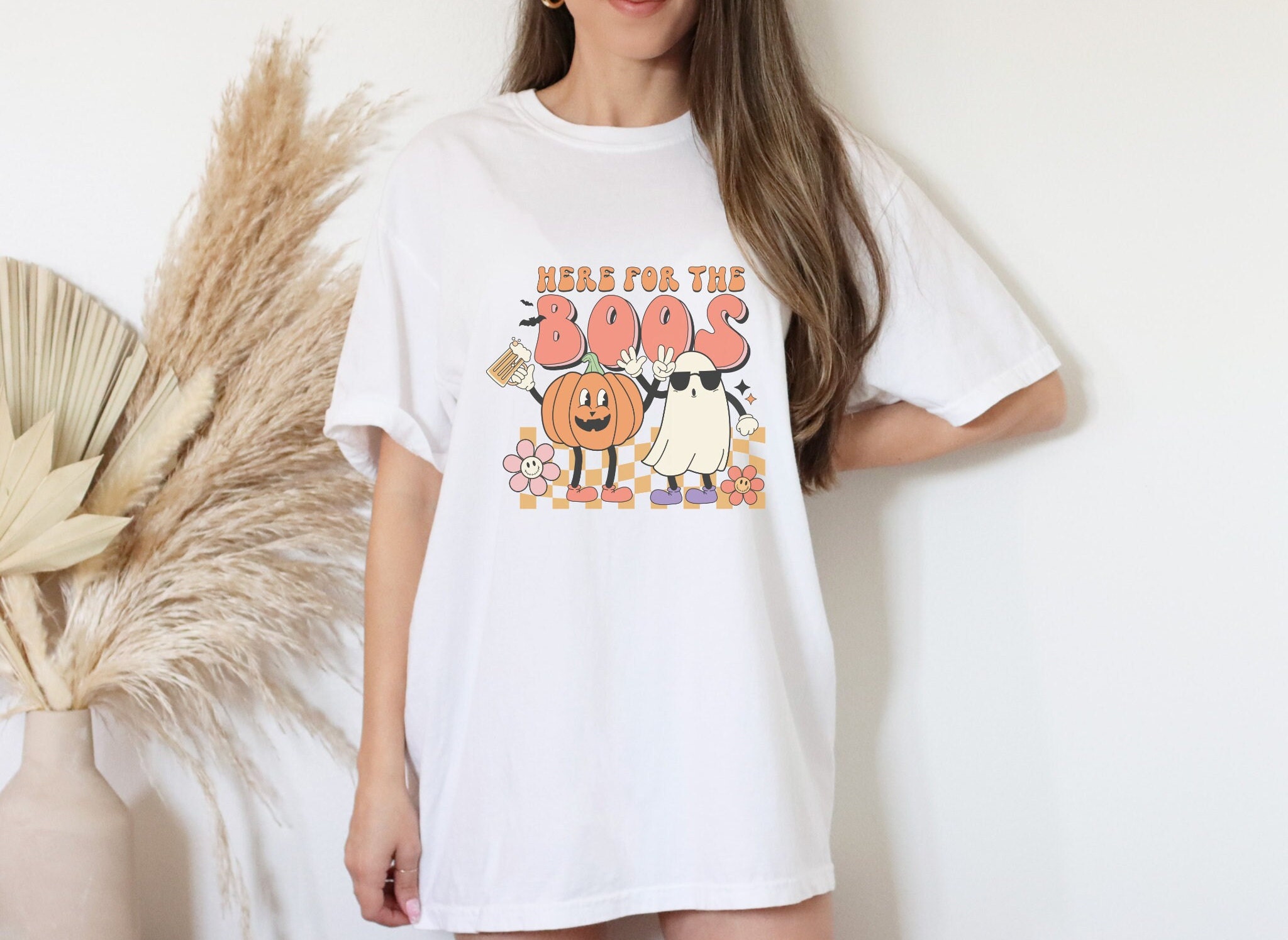 Discover Here For The Boos Shirt, Halloween Apparel, Cute Ghost T-shirt, Funny Halloween Tee, Oversized Witchy Clothes, Vintage Halloween Aesthetic