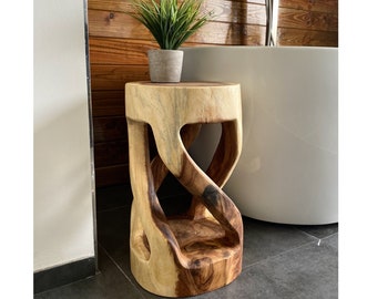 Tabouret rond en bois Saman tourné (50x28x28), meuble de table d'appoint naturel, tabouret fleuri solide
