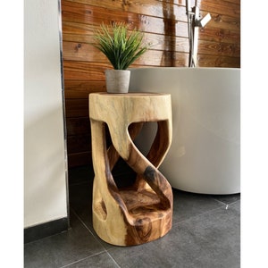 Saman wood round stool turned (50x28x28) natural side table furniture flower stool solid