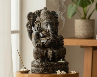 Ganesha Sculpture - Decorative Room Decoration Artwork - Hindu Deity of Good Luck - Stone Mixture Elephant Yellow - 45x25x25 cm