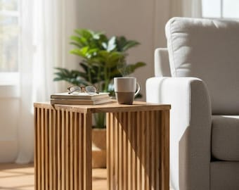 Teak side table - wooden stool coffee table - handmade from solid wood - wooden slats cube - 45x35x40 cm