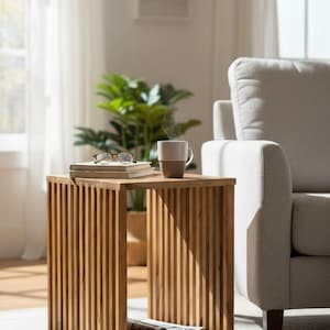 Mesa lateral de teca - mesa de centro com banqueta de madeira - feita à mão em madeira maciça - cubo de ripas de madeira - 45x35x40 cm