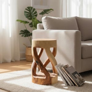 Samanholz Round Stool, Turned (50x28x28) Natural Side Table Furniture Plant Stand Solid Wood