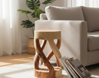 FaHome Round Wooden Stool - Elegant Wooden Side Table (50x28x28cm) - Wooden Stool Made of Solid Suar Wood - Handcrafted Wooden Flower Stand