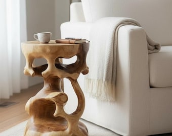 Holz Beistelltisch - Holzhocker Blumenhocker Hocker - Handgefertigt - Rund in Bonsai Style Saman-Holz - 40x30x30 cm