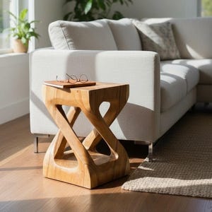 Wooden side table - wooden stool coffee table - handmade - angularly turned from solid Suar wood - 50x28x28 cm image 1
