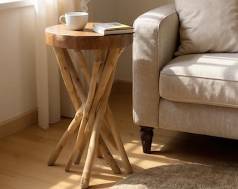 Round wooden side table – wooden stool coffee table – handmade – branched from suar and teak wood – 50x28x28 cm