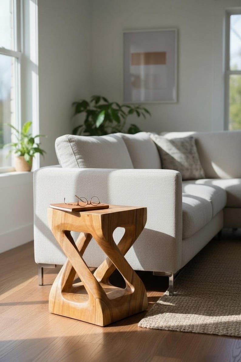 Wooden side table - wooden stool coffee table - handmade - angularly turned from solid Suar wood - 50x28x28 cm image 1