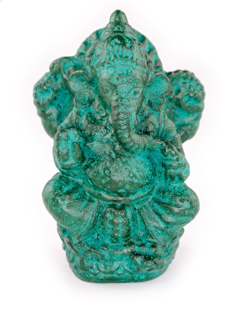 Ganesha Sculpture - Decorative Room Decoration Artwork - Hindu Deity of Good Luck - Stone Mixture Elephant Green - 12 x 8.5 x 6 cm image 2