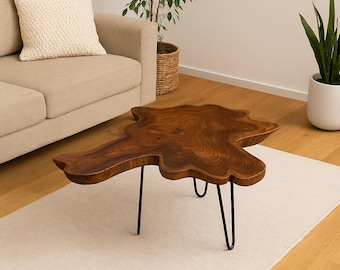 Holz Beistelltisch – Couchtisch Ablagetisch – Handgefertigt - Baumquerschnitt-Tischplatte aus Eibenholz – 40-80x40-60 cm