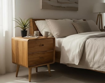 Wooden bedside table – side table nightstand – with two drawers – made of solid teak wood – 50x40x60 cm