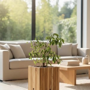 Jardinera de madera – Maceta para balcón – Hecha a mano – Listones de madera verticales – 45x35x35 cm