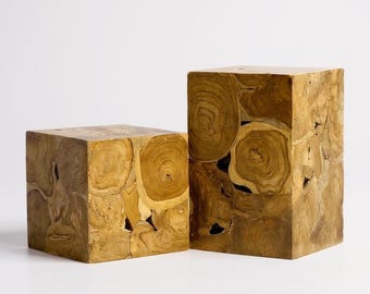 Wooden mosaic side table - coffee table, bedside table, plant stool - handmade - 60x40x40 cm