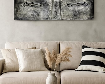 Buddha Eyes - Wall Picture Painting - Slotted Relief Wood - Albasia Wood Grey - 78x40x4 cm
