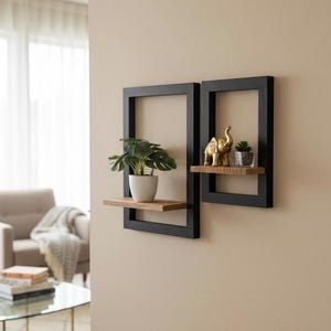 Zestaw 2 drewnianych półek wiszących z czarną ramą i naturalnym brązowym schowkiem. Półka ścienna. Nowoczesna dekoracja ścienna. Półka do przechowywania. Obrazek ścienny.