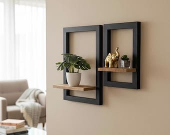 Set of 2 wooden hanging shelves with black frame and natural brown storage area. Wall shelf. Modern wall decoration. Storage shelf. Wall picture.