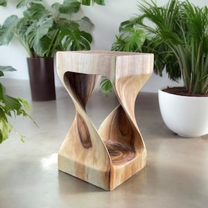 Saman wood stool curved natural 50x28x28 side table turned furniture flower stool solid