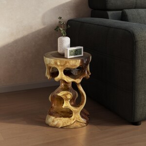 Wooden side table - wooden stool flower stool stool - handmade - round in bonsai style Saman wood - 40x30x30 cm
