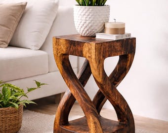 Wooden side table - wooden stool coffee table - handmade - turned from light solid Suar wood - 50x28x28 cm