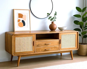 Rattan TV stand – Sideboard/Lowboard – With two drawers and three shelves – Solid teak wood – 60x150x45 cm