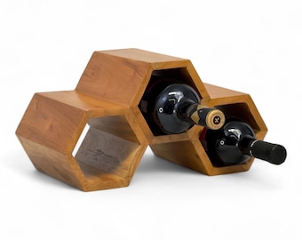 Wooden wine rack – wine holder bottle holder – kitchen living room bar – decorative honeycomb shape – made of teak wood for 3 bottles – 18 x 34 x 18 cm