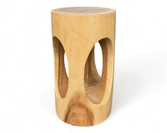 Tabouret en bois massif rond (50x30x30cm), table d'appoint naturelle, tabouret fleuri en bois massif