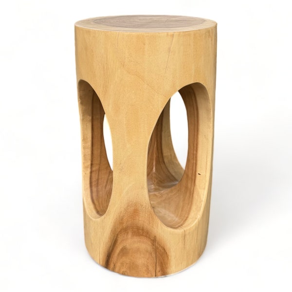 Tabouret en bois massif rond (50x30x30cm), table d'appoint naturelle, tabouret fleuri en bois massif