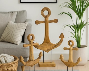 Teak Anchor - Decorative Sculpture - High-quality handcrafted craftsmanship - Standing on a pedestal - 50, 75 and 100 cm high