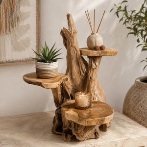 Rustieke plantenstandaard van teakhout, handgemaakte plank van wortelhout, natuurlijke houten decoratie van 50 cm, massief houten decoratie