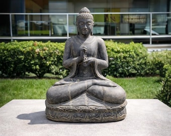 Seated Buddha Statue, Stone, 150 cm Large Garden Sculpture - Hand-Decorated Figure - Harmonious Garden Ornament
