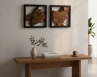 Teak wood wall decoration with black frame – handcrafted solid wood unique piece – modern wall art made of natural wood – 40x40x3.5 cm