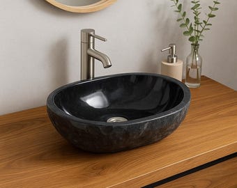 Vasque en marbre – salle de bain, WC invités, salle d'eau – vasque ovale à poser en marbre noir – 15 x 45 x 30 cm