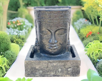 FaHome Khmer Head Fountain Buddha Waterfall Cast Stone Water Feature Including Pump