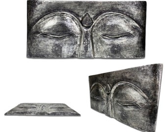 Papier peint en relief Bouddha méditatif en bois d'albésia - fait main, 78x40x4 cm, argent