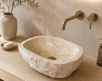 Lavabo in marmo beige – Bagno, WC per gli ospiti, toilette – Lavabo da appoggio in marmo ovale o rotondo – Vari modelli