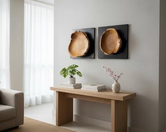 Teak wood wall decoration on a black wooden panel - handcrafted solid wood unique piece - modern natural wood wall art 40x40x10 cm