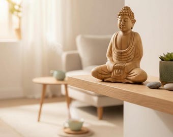 Buddha Statue - Decorative Room Decoration Artwork - Hand Carved - Natural Teak Wood - 15x12x8 cm